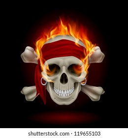 Pirate Skull in Flames. Illustration on black