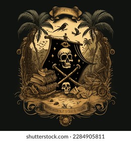 Pirate skull in forest with treasure