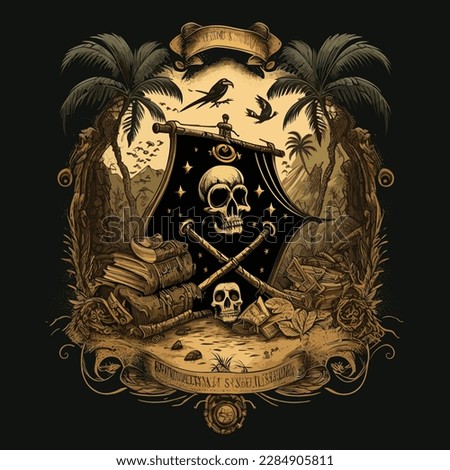 Pirate skull in forest with treasure