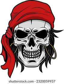 Pirate Skull Graphic Logo Design. Vector Hand Drawn Illustration Isolated On Transparent Background