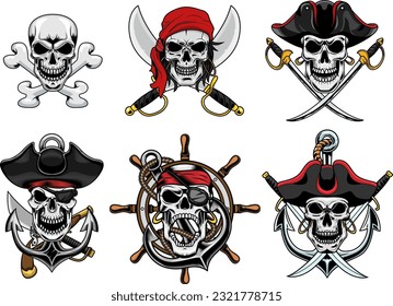 Diseño del logotipo gráfico de cráneo pirata. Conjunto De Colección De Dibujo De Mano De Vector Aislado En Fondo Transparente