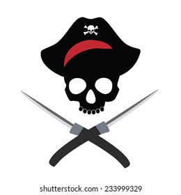 Pirate skull, pirate hat, bandana, vector, isolated on white, crossed daggers