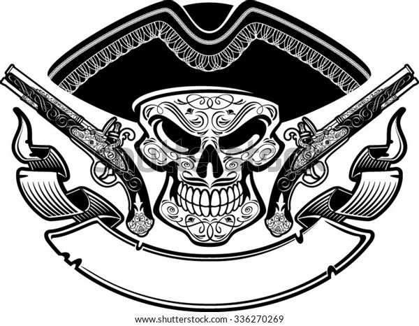 pirate skull with hat,
banner and pistols