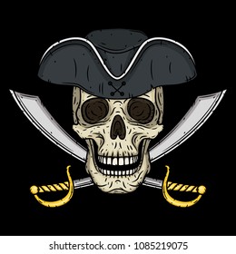 Pirate Skull in hat with Cross Swords 