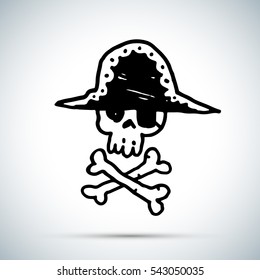 Pirate skull with hat and crossbones freehand drawing vector illustration