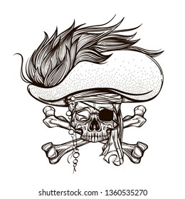 Pirate skull in a hat with crossed bones. Outline vector illustration isolated on white background for tattoos, print on T-shirts, pirate party and much more.