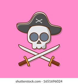 Pirate Skull With Hat And Crossed Swords Vector Icon Illustration. Pirate Emblem