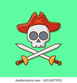 Pirate Skull With Hat And Crossed Swords Vector Icon Illustration. Pirate Emblem
