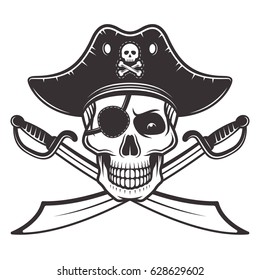 Pirate Skull In Hat And Eyepatch With Two Crossed Sabers Vector Illustration In Monochrome Style Isolated On White Background