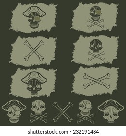 pirate skull with hat set on flags and icons