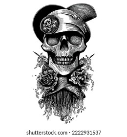 Pirate skull in pirate hat, sketch vector illustration, Vintage skull for t-shirt or poster design. Stylish jolly roger icon illustration.