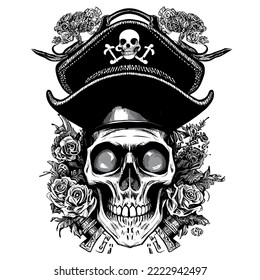 Pirate skull in pirate hat, sketch vector illustration, Vintage skull for t-shirt or poster design. Stylish jolly roger icon illustration.