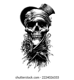 Pirate skull in pirate hat, sketch vector illustration, Vintage skull for t-shirt or poster design. Stylish jolly roger icon illustration.