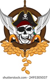 Pirate skull with hat sword and treasure