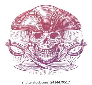 Pirate skull in hat tricorne and crossed sabers. Skeleton with blades. Hand drawn vintage vector illustration
