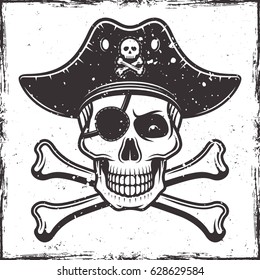 Pirate skull in hat and two crossed bones vector illustration in monochrome style isolated on background with grunge textures on separate layer