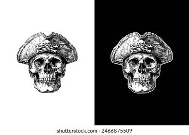 pirate skull head, hand drawn woodcut engraving style vintage antique vector illustration