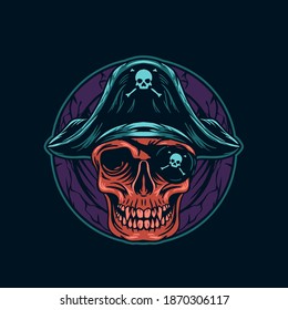 pirate skull head illustration for merchandise or poster designs