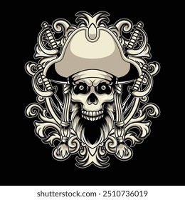 Pirate Skull Head Illustration With Ornament Frame Background Detailed Illustration