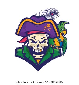 Pirate skull head mascot with parrot. Sports team sign.