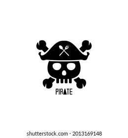 pirate skull head vector and cutlery symbol in black hat, icon and logo