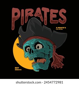 Cabeza de calavera pirata. Un diseño curtido, sonriente, de calavera pirata y huesos