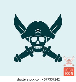 Pirate skull icon. Dead pirate with hat and crossed sabers. Vector illustration.