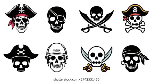 Pirate skull icons featuring eye patches, bandanas, and crossed swords. Face, skeleton, danger, and symbol elements. Vector art for designs.