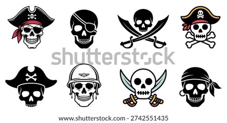 Pirate skull icons featuring eye patches, bandanas, and crossed swords. Face, skeleton, danger, and symbol elements. Vector art for designs.