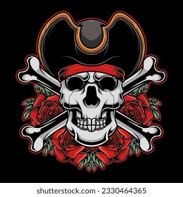 pirate skull illustration with cross bone and flower