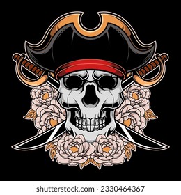 pirate skull illustration with flower