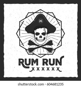 Pirate skull insignia, poster. Rum label design with sun bursts, geometric shield and vector text - rum run. Vintage style for tee design, t-shirt, web projects, logotype, pub. Isolate on white