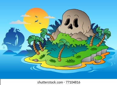 Pirate skull island with ship - vector illustration.