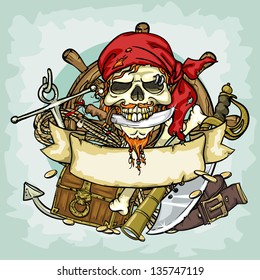 Diseño del logo Pirate Skull, ilustraciones vectoriales con espacio para texto, colección dibujada a mano