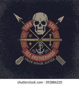 Pirate skull logo in grunge style with a circular banner, dagger and crossed arrows. Textures on separate layers - easily editable.