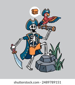 Pirate skull looking for treasure illustration