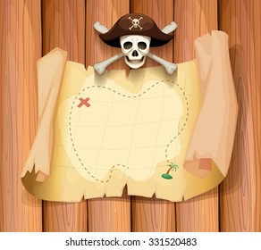 Pirate skull and a map on the wall illustration