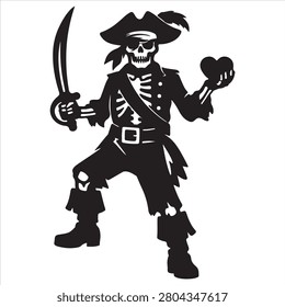 Pirate skull mascot wielding sword and heart