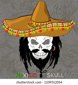 Pirate skull in Mexican sombrero, with a beard and dreadlocks. Vector illustration.