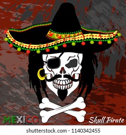 Pirate skull in Mexican sombrero, with a beard, dreadlocks and crossbones . Vector illustration.