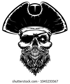 Pirate Skull Monochrome Vector Illustration With Capitan Hat, Eye Patch, Beard. Capitan Black Beard.