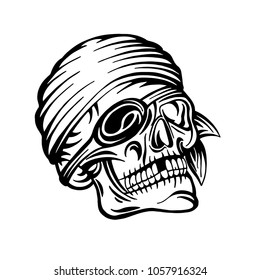 Pirate skull monochrome vector illustration.
Engraving style pirate skull.
Hand drawn pirate skull.
