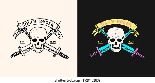 Pirate skull on the background of daggers or swords logo. Jolly roger or Corsair. Marine and nautical or sea, ocean emblem for sticker or t-shirt. Engraved hand drawn, old label or badge.