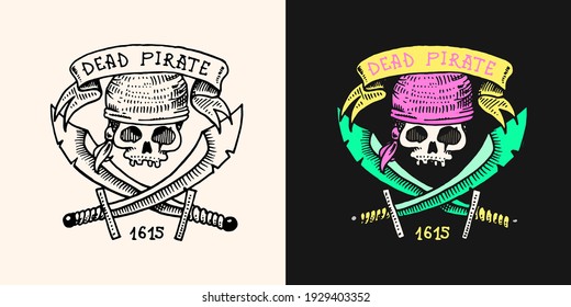 Pirate skull on the background of daggers or swords logo. Jolly roger or Corsair. Marine and nautical or sea, ocean emblem for sticker or t-shirt. Engraved hand drawn, old label or badge.