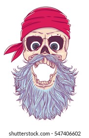 Pirate skull with an open mouth, a blindfold, bandana and beard. Vector illustration isolated on white background