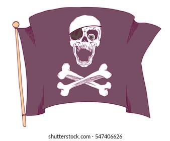 Pirate skull with an open mouth, a blindfold. Flag.Vector illustration isolated on white background