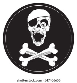 Pirate skull with an open mouth, an eye patch and crossbones on a white background. Flag and black label