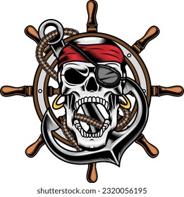 Pirate Skull Over Anchor In Ropes And Ship Rudder Graphic Logo Design. Vector Hand Drawn Illustration Isolated On Transparent Background