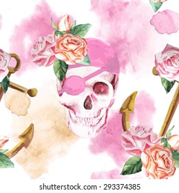 Pirate skull pattern with anchor and roses. Watercolor pattern.