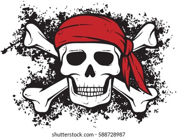 Pirate skull, red bandana and bones in grunge style